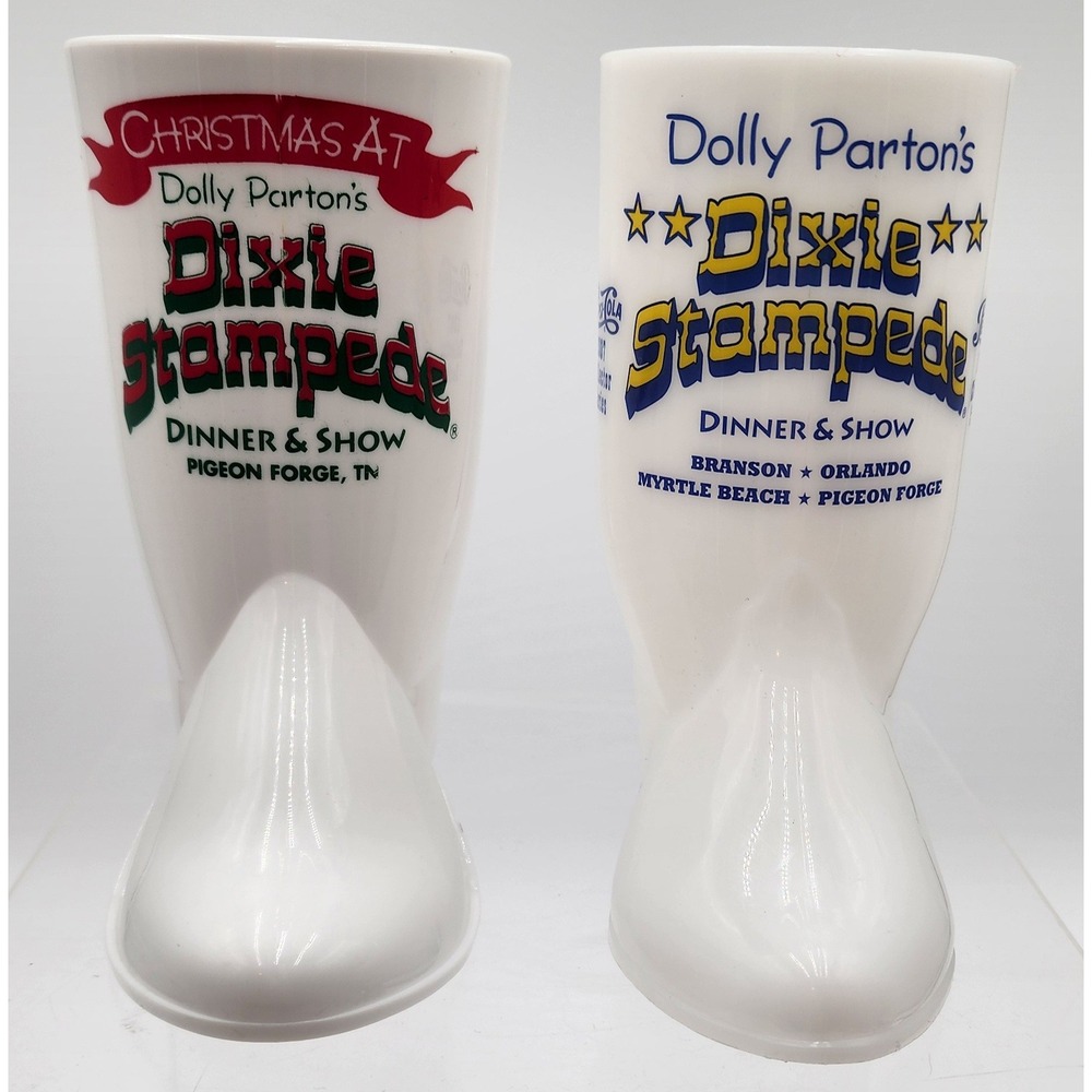 Dolly Parton Dixie Stampede Boot Mugs Lot 2 White Plastic 6" Souvenir Christmas